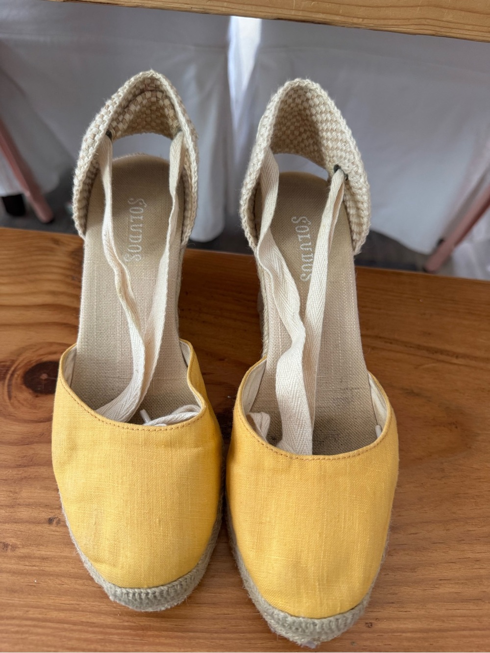 Soludos Yellow Canvas Espadrille Wedges with Ankle Ties